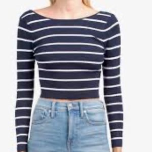 Zara Womens Long Sleeve Crop Top Sz S Stretch Casual Round Neck Blue Shirt